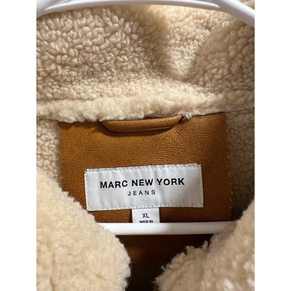 Marc New York Womens XL Faux Leather Sherpa Aviator Jacket Tan Brown Zip GUC - Picture 2 of 7